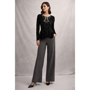 BCBGMAXAZRIA Colleen Black Baroque Burnout Velvet Peplum Top Women's Medium